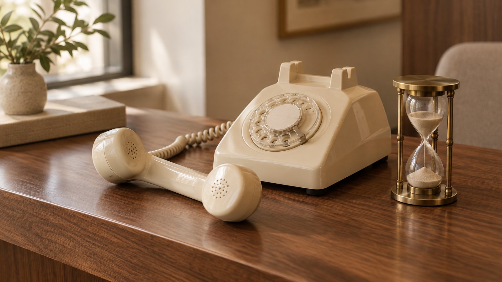 A cream rotary telephone with its handset lying off the cradle on a walnut counter, next to a brass hourglass with the sand running