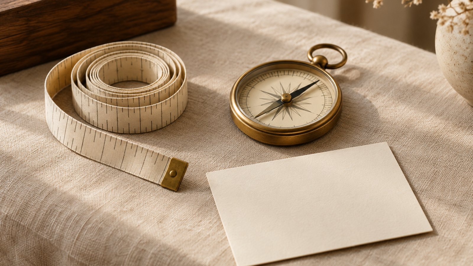A coiled cream tailor's measuring tape beside an open brass pocket compass and a blank cream notecard on a linen tablecloth
