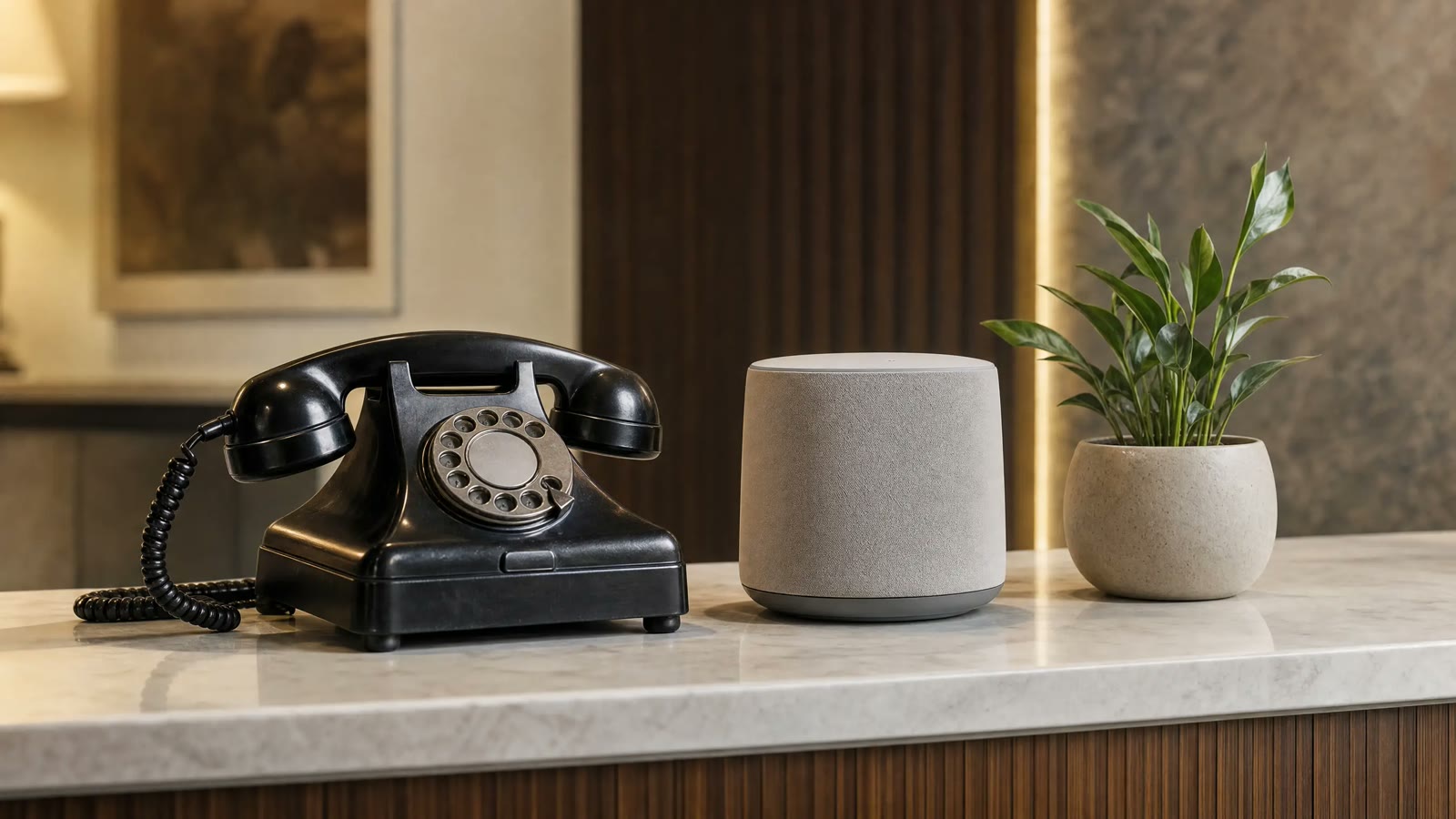 Vintage rotary telephone beside a modern smart speaker on a reception counter, for AI receptionists