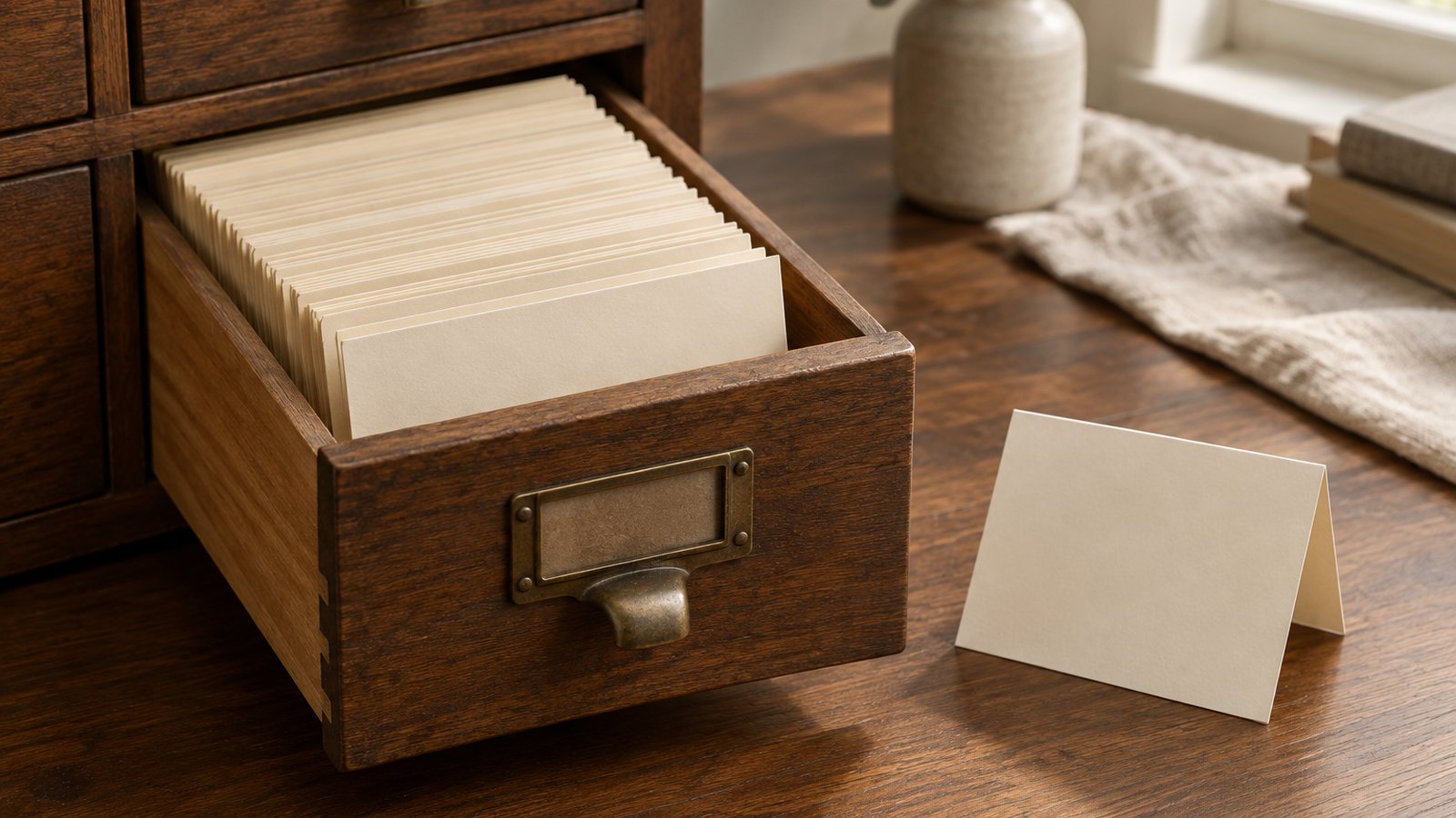 An open oak card-catalogue drawer packed with blank cream index cards, beside a single folded blank card standing on its own on a walnut table