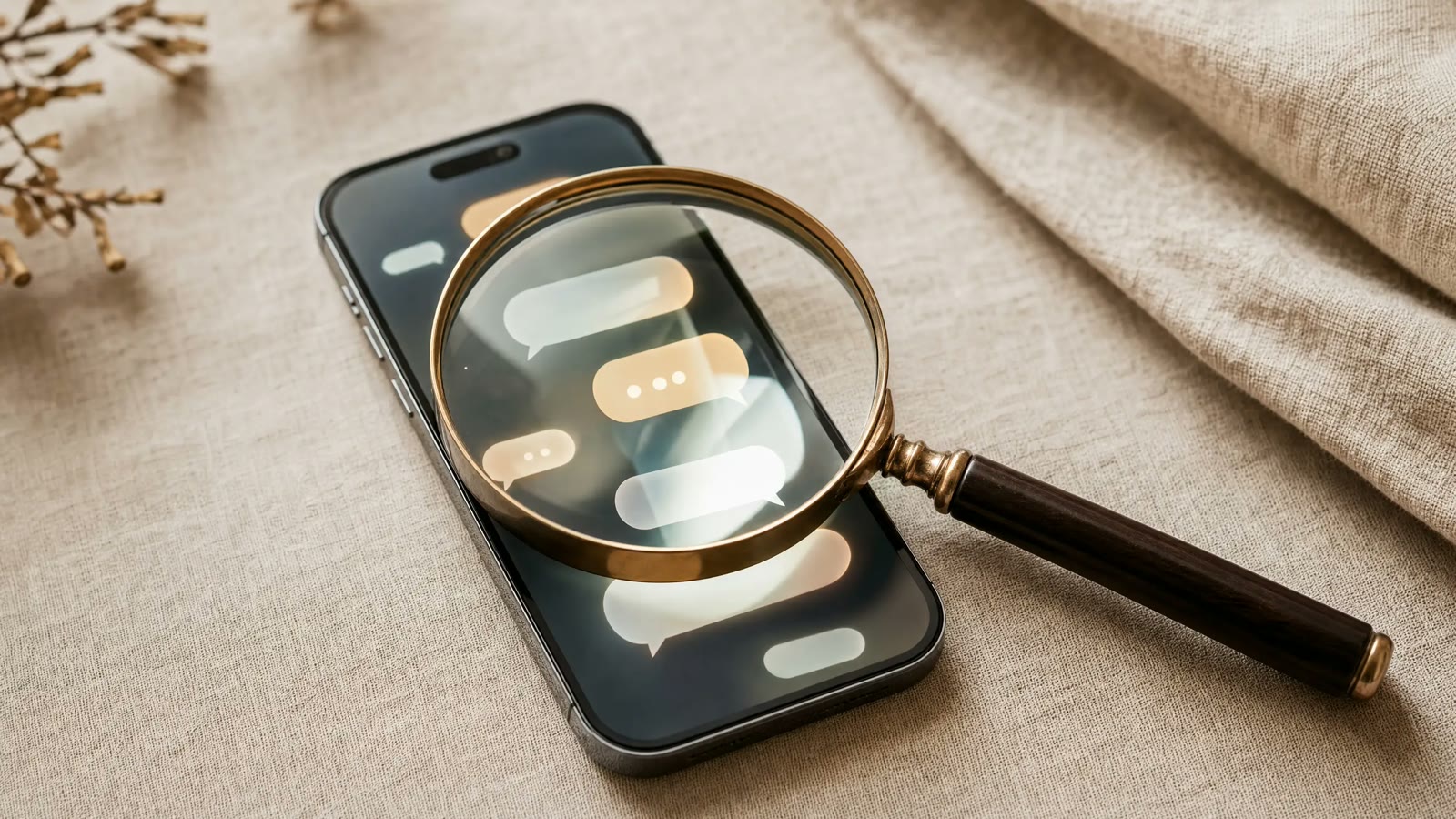 Magnifying glass held over a smartphone showing chat bubbles, for AI SEO