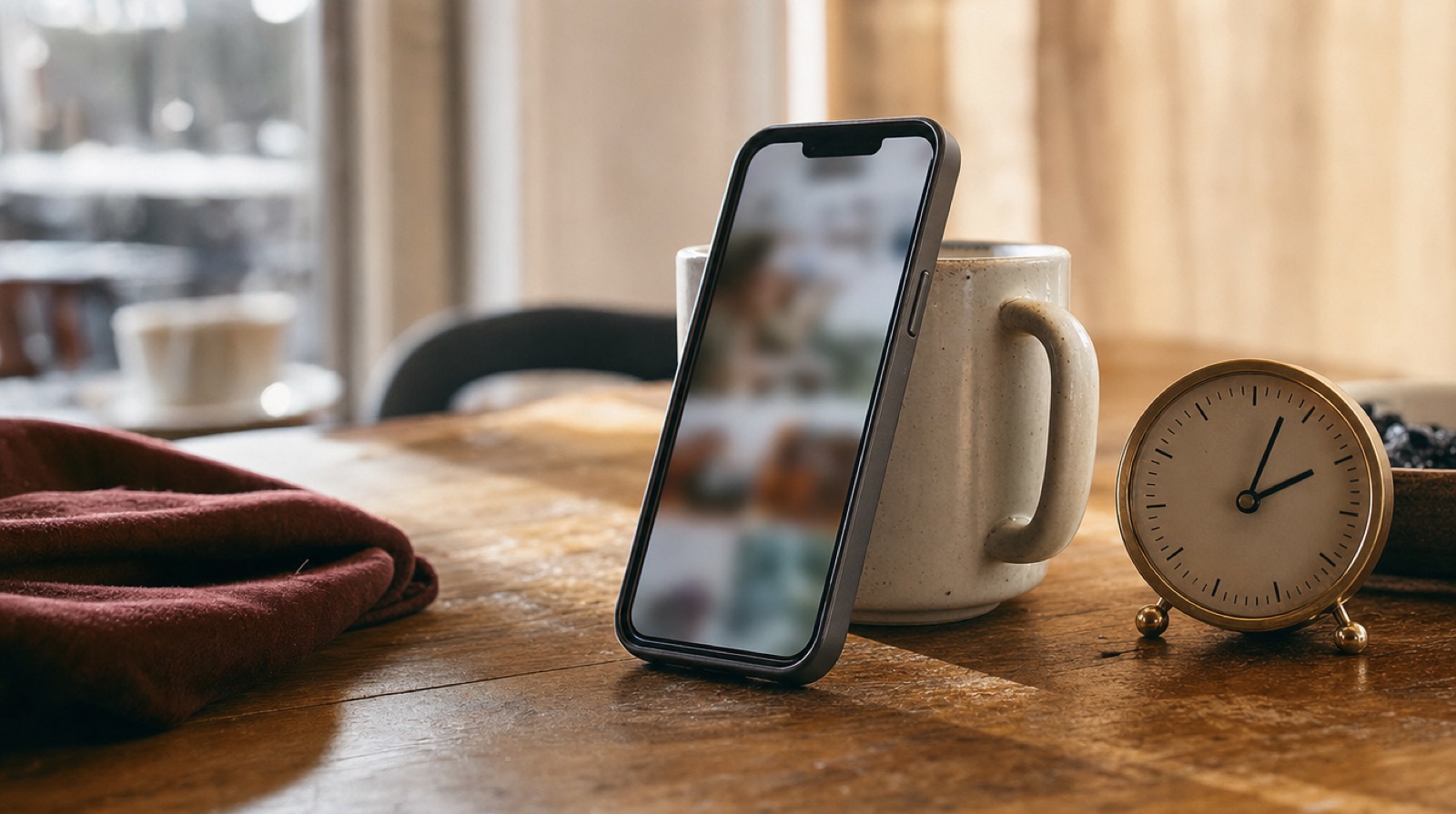A phone on a cafe table beside a clock in warm morning light
