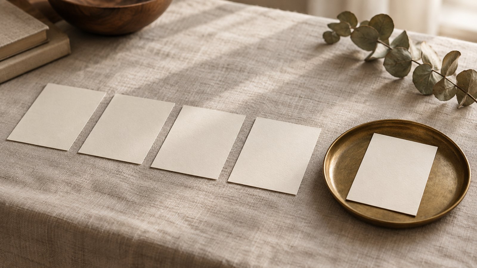 Four blank cream cards laid in a row on a linen tablecloth, with a fifth card set apart on a round brass tray, beside a sprig of eucalyptus