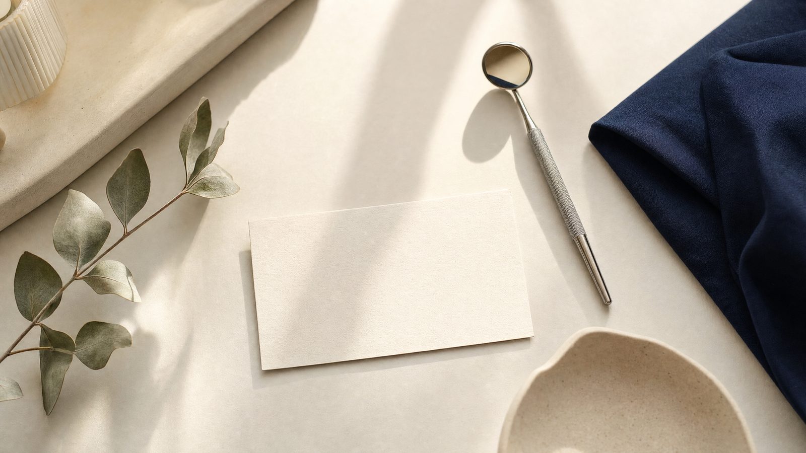 A dental mirror and a blank appointment card on a clinic counter, for a dental marketing guide