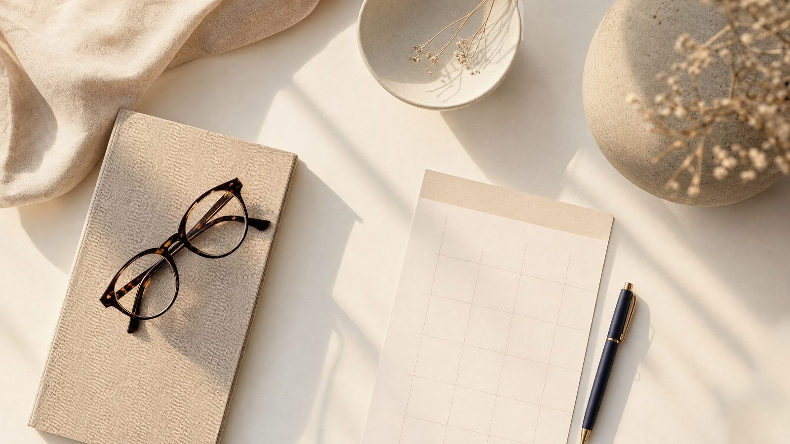 Reading glasses on a notebook beside a blank calendar page, for what a fractional CMO does
