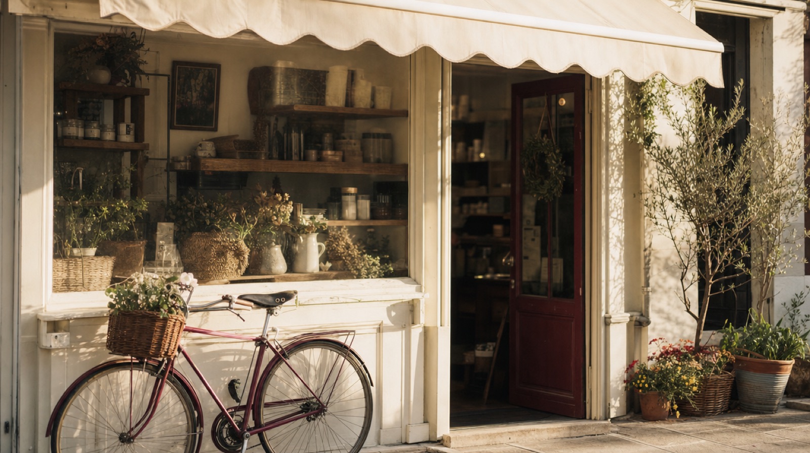 A small storefront with a cream awning in warm morning light