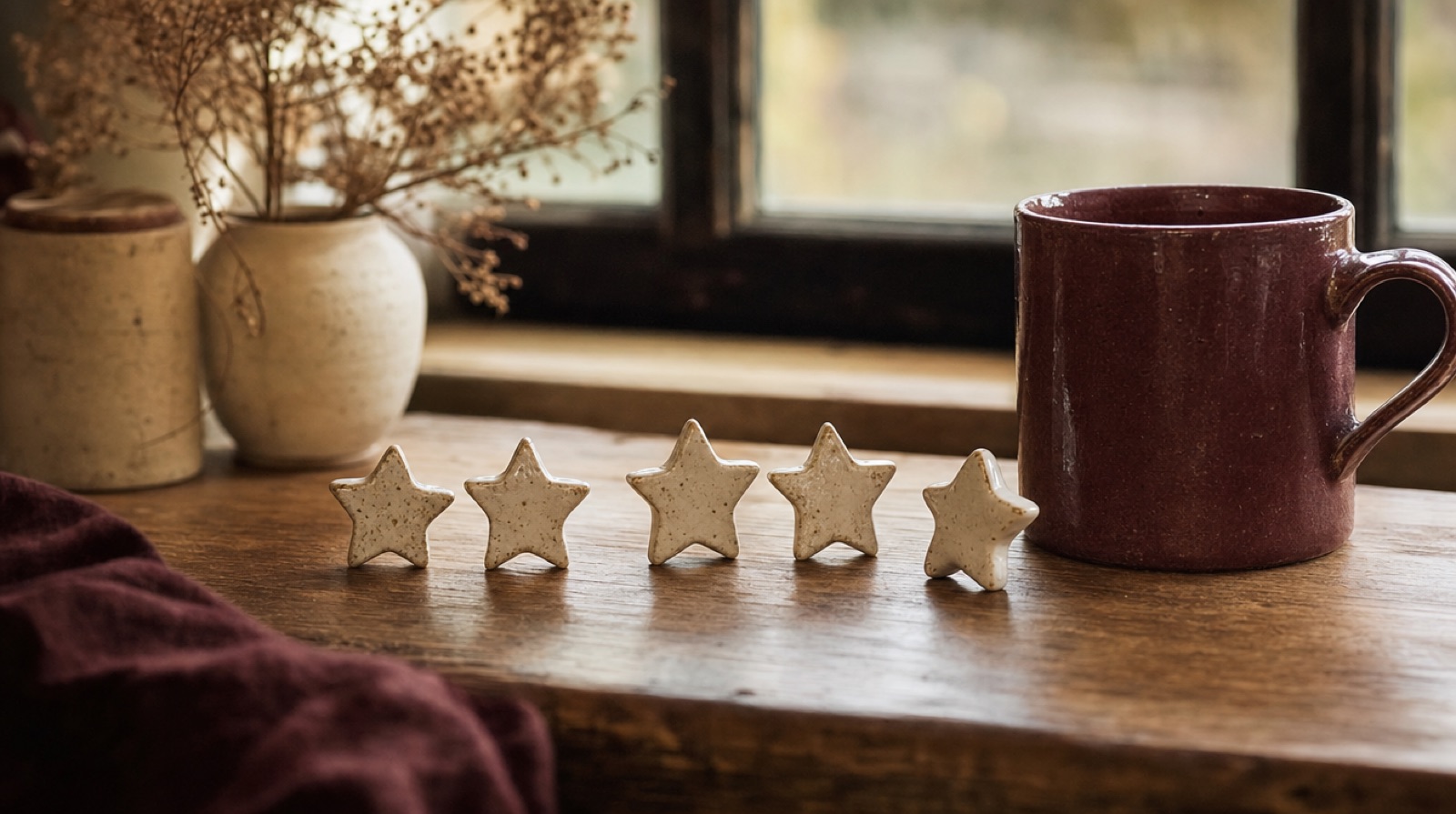 Ceramic stars lined up on a wooden counter beside a burgundy mug