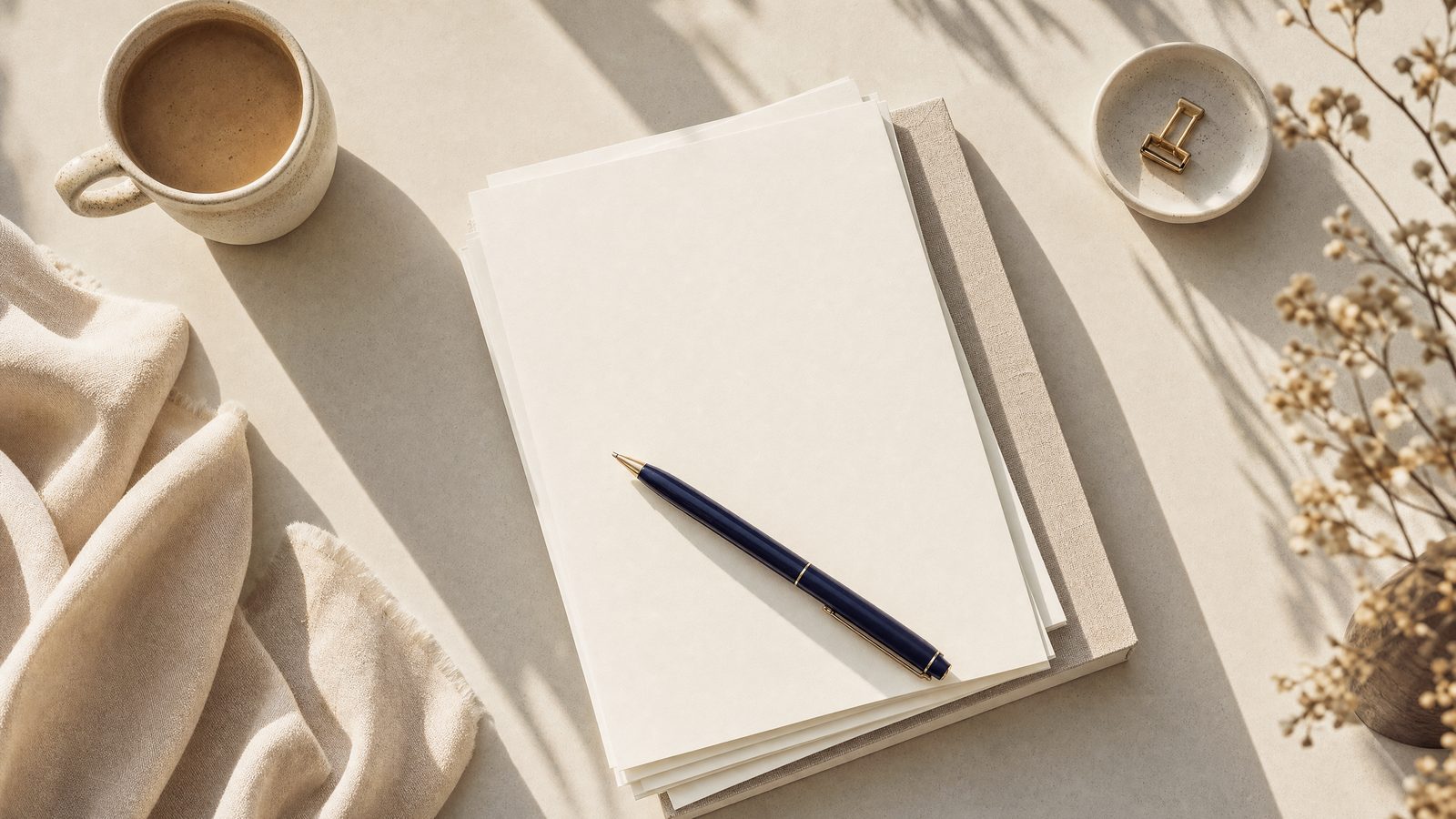 A stack of blank paper and a pen on a desk, for hiring a social media manager