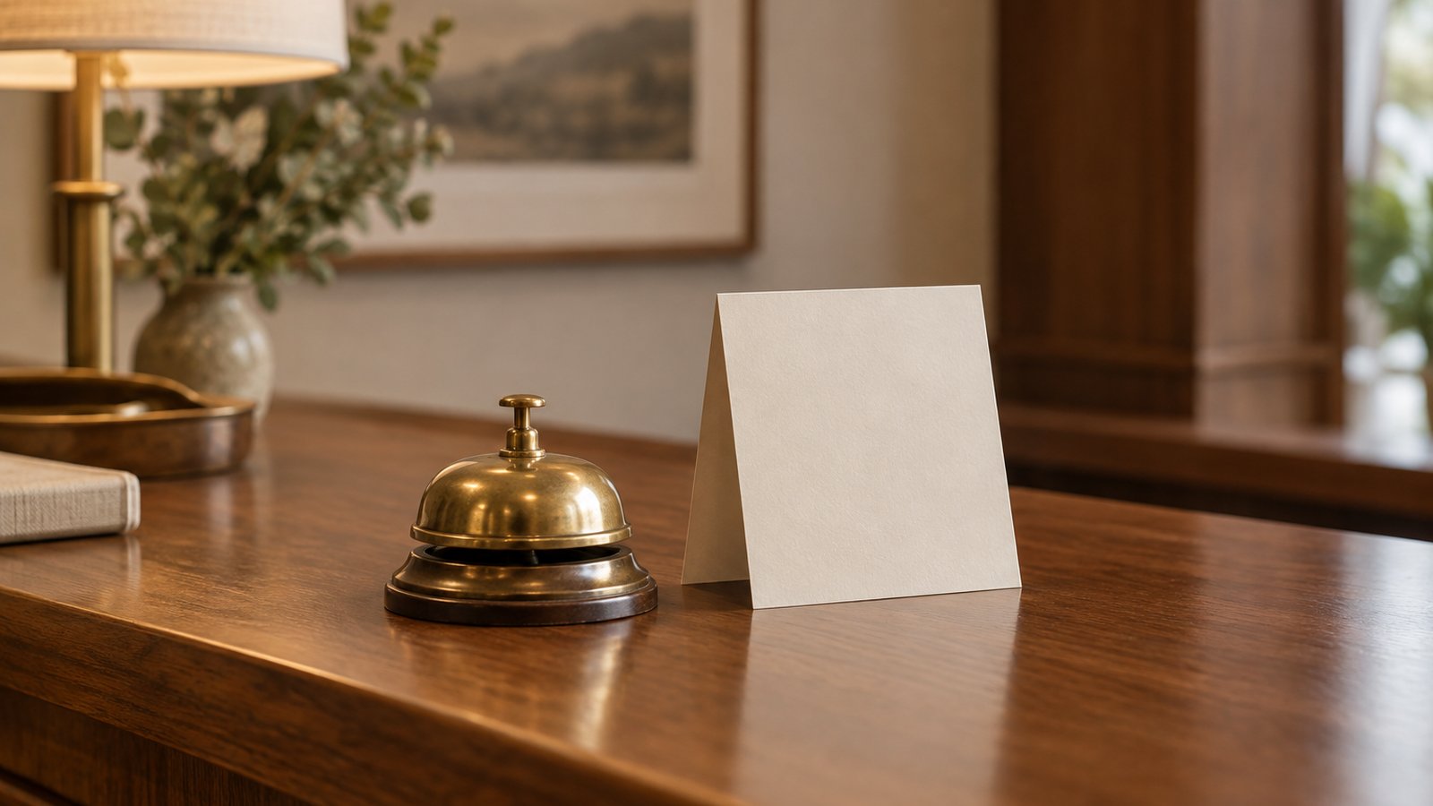 A brass service bell beside a blank folded guide card on a polished wooden front desk, for llms.txt explained