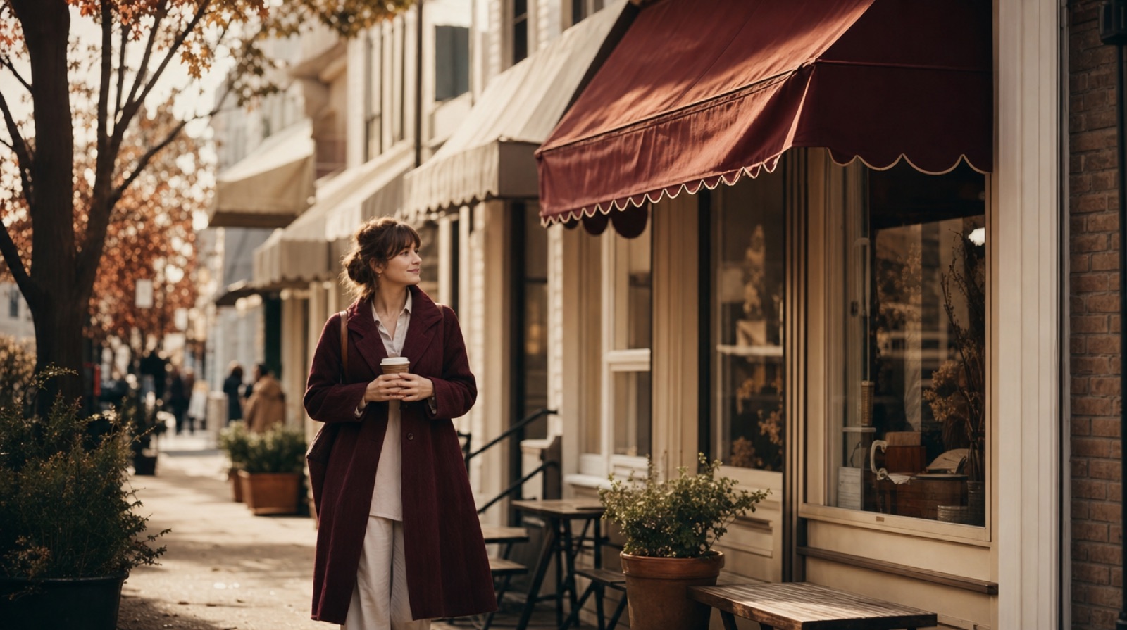 A neighbourhood shopping street with small storefronts in morning light
