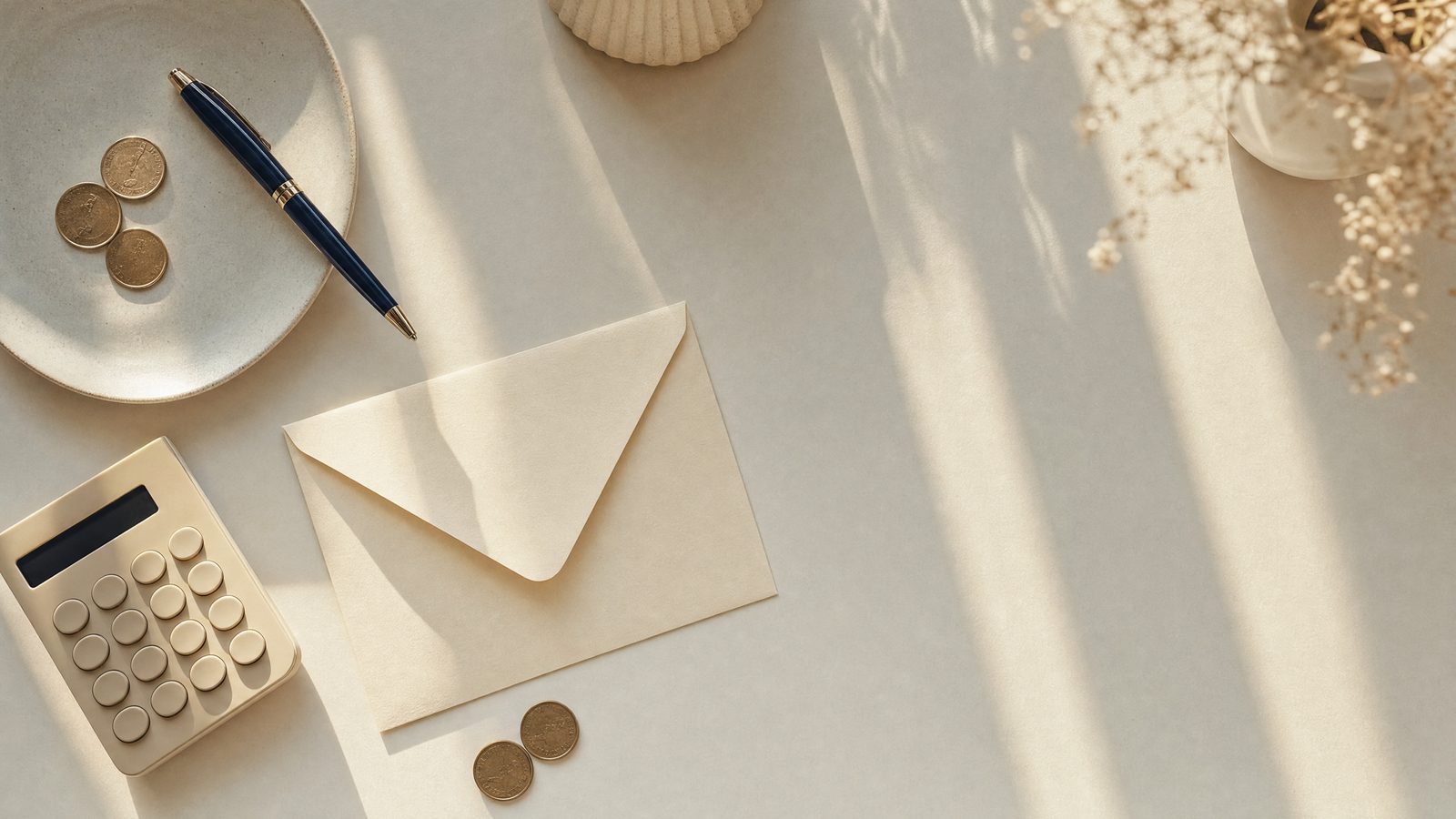 An envelope, a calculator and coins on a desk, for a small business marketing budget