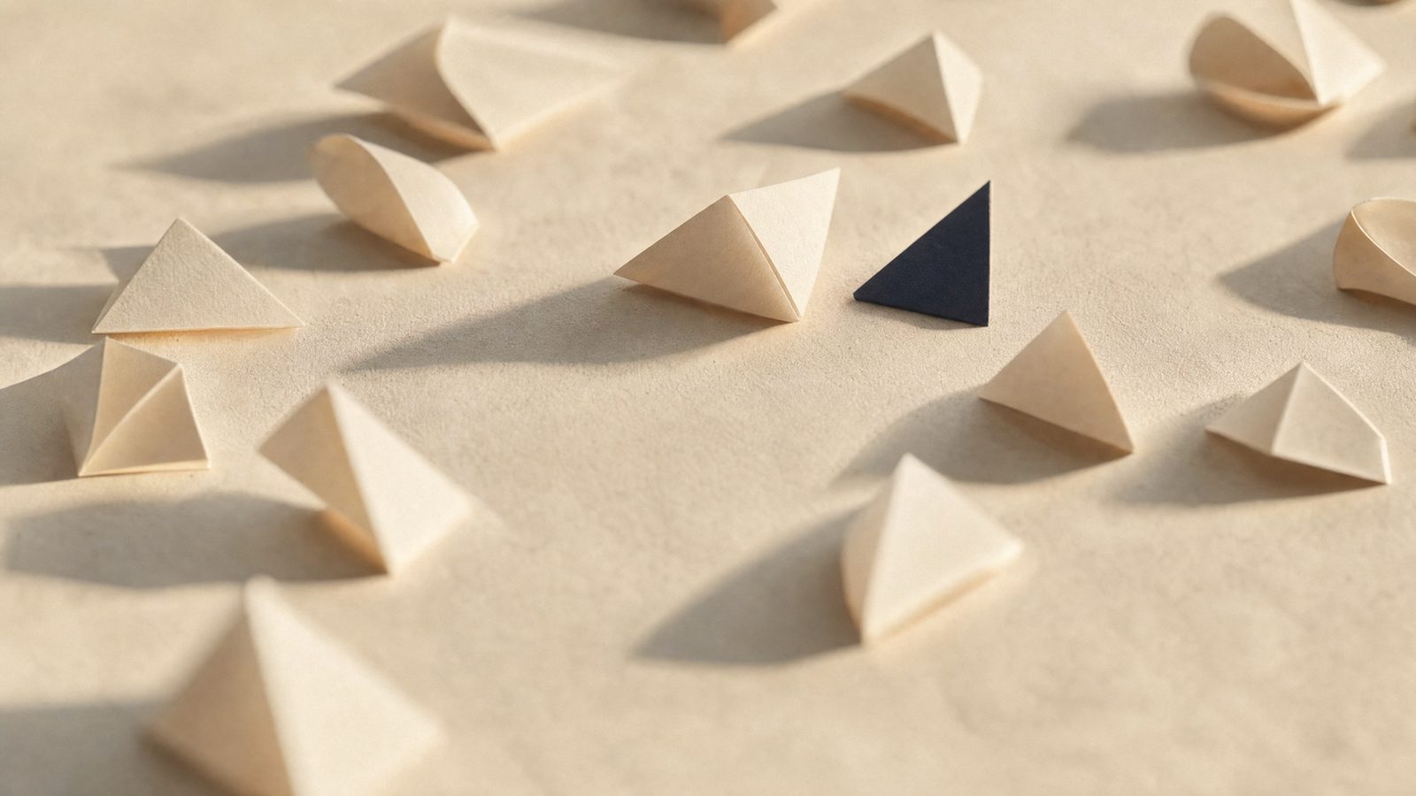 Small paper shapes scattered on a surface with one navy triangle, for small business marketing ideas