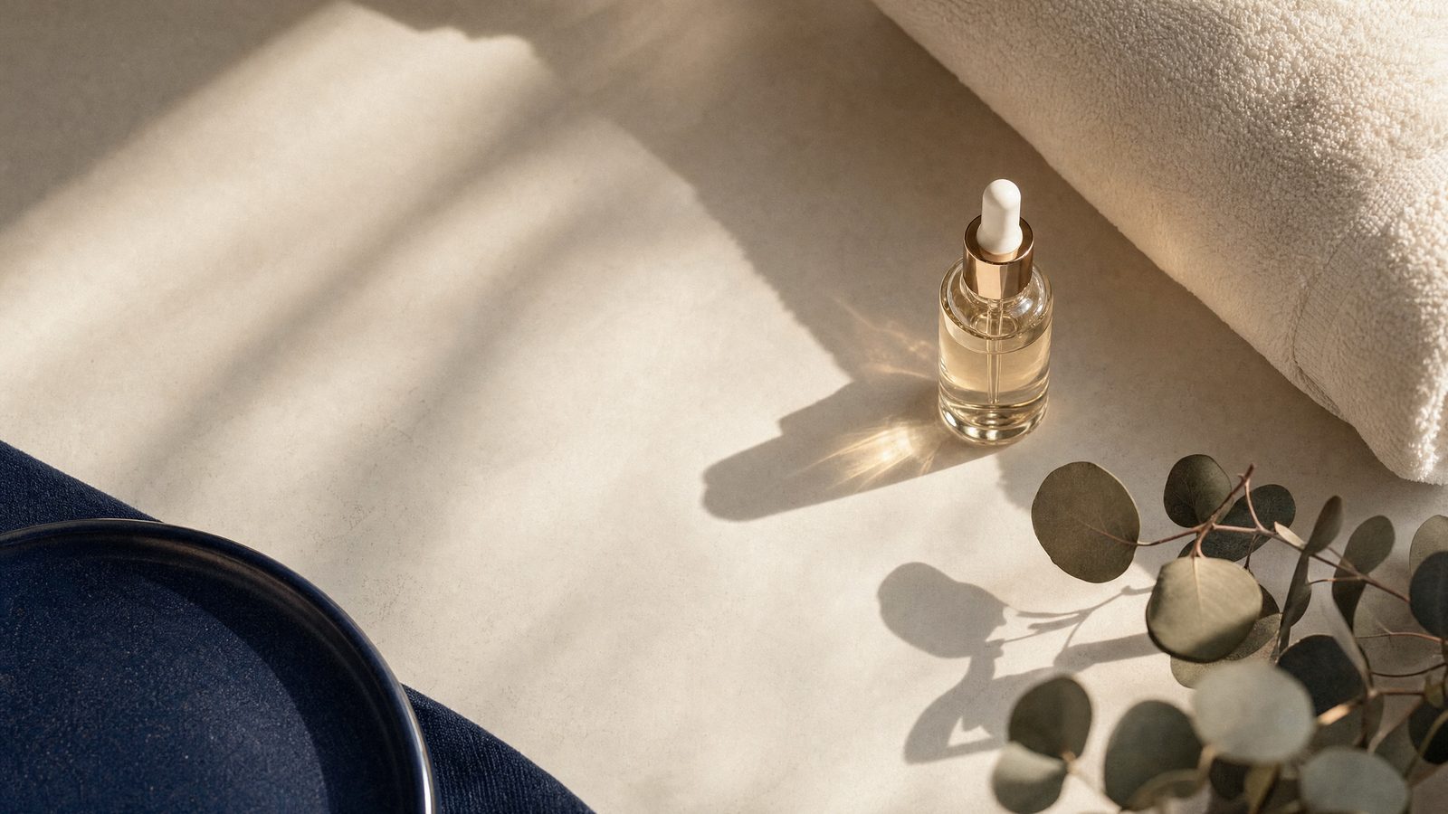 A rolled towel, a dropper bottle and eucalyptus, for med spa and clinic marketing ideas