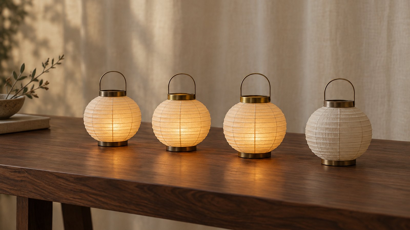 Four round paper lanterns in a row on a dark walnut table, three glowing warmly from inside and the fourth unlit