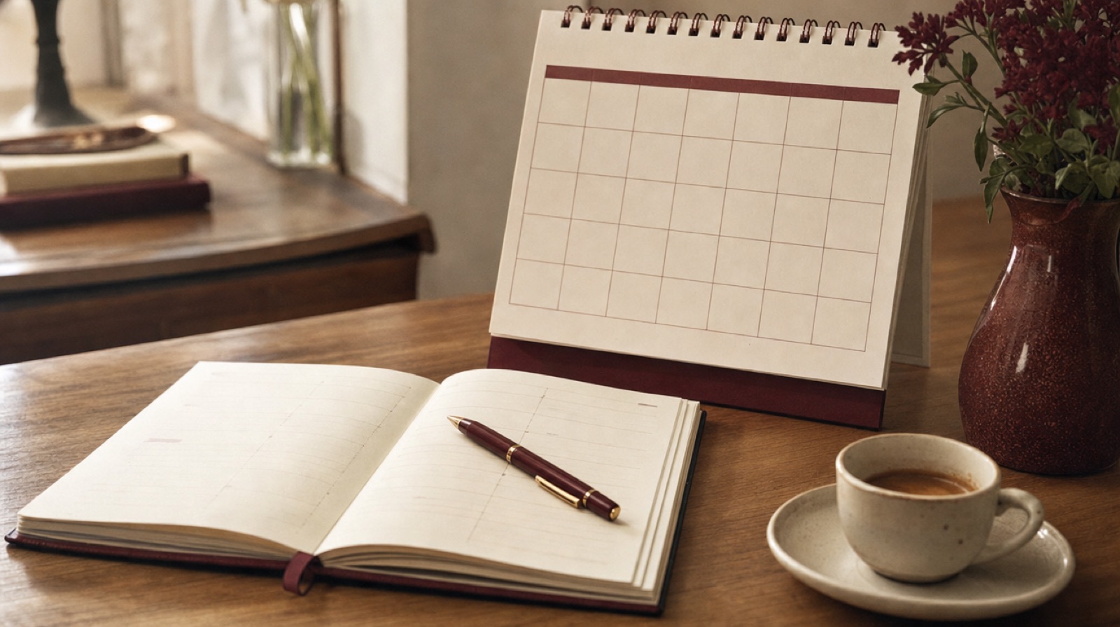 A wall calendar and open planner on a warm wooden desk