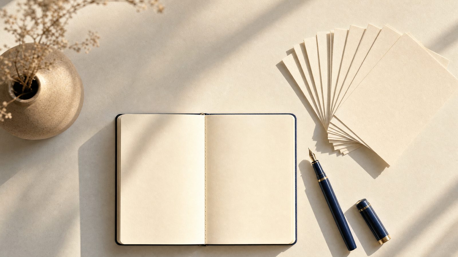 An open notebook and twelve blank slips fanned beside it, for questions to ask a marketing agency