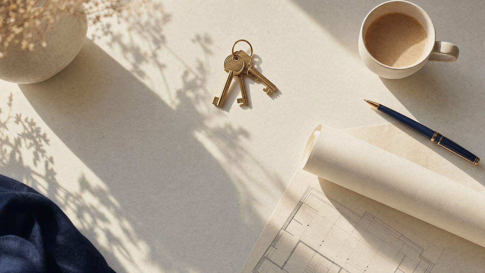 House keys, a rolled floor plan and coffee on a desk, for a realtor marketing guide