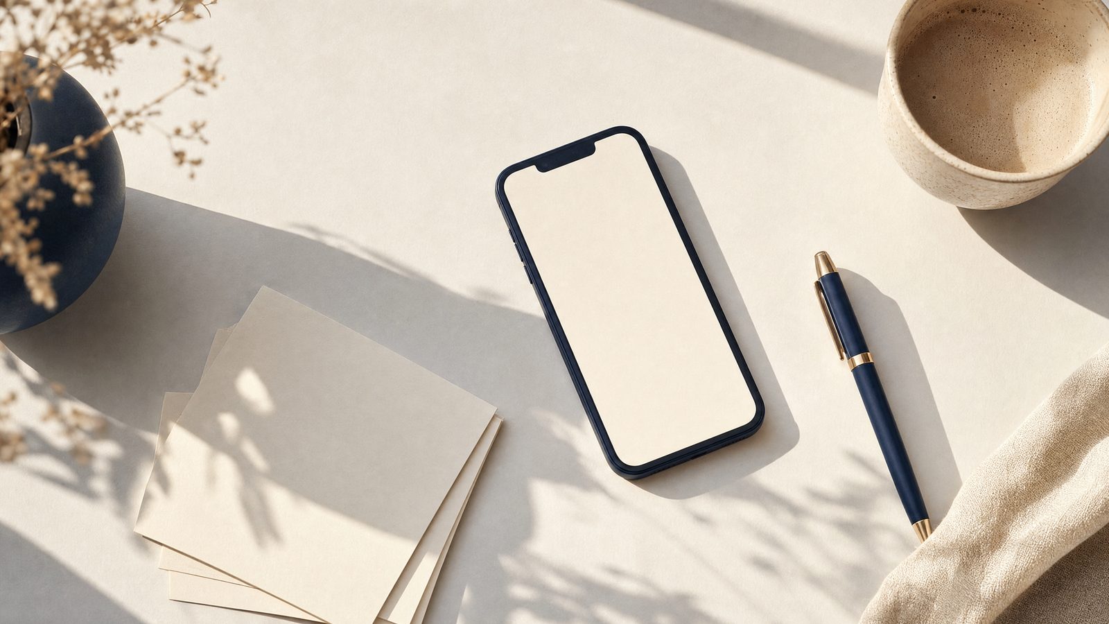 A phone and blank reply cards on a desk, for how to respond to Google reviews