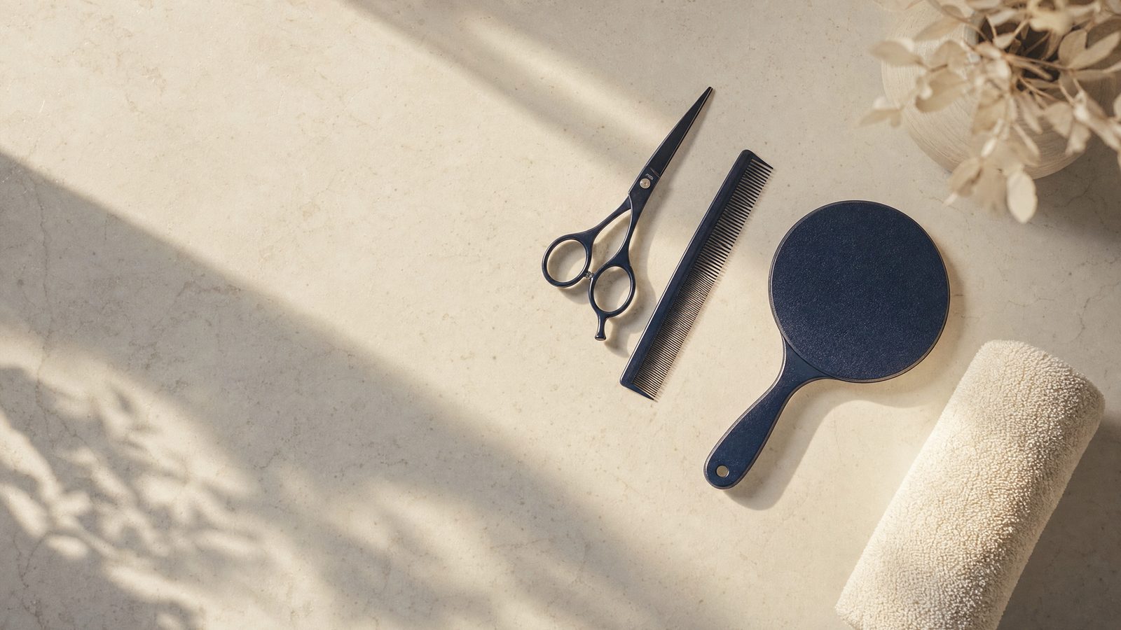 Shears, a comb and a hand mirror laid out on a salon counter, for a hair salon marketing guide
