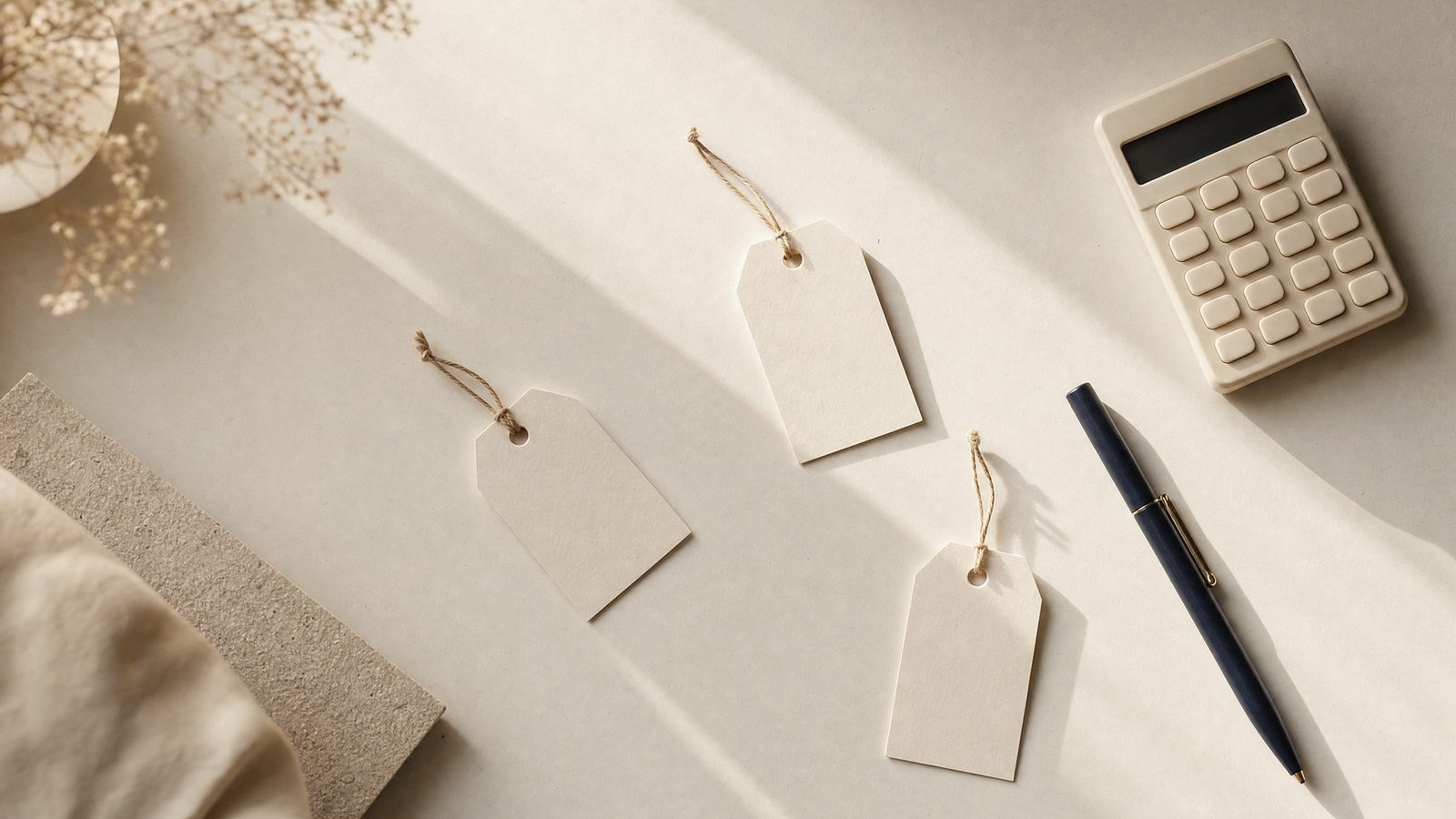 Blank paper price tags beside a calculator, for social media management pricing