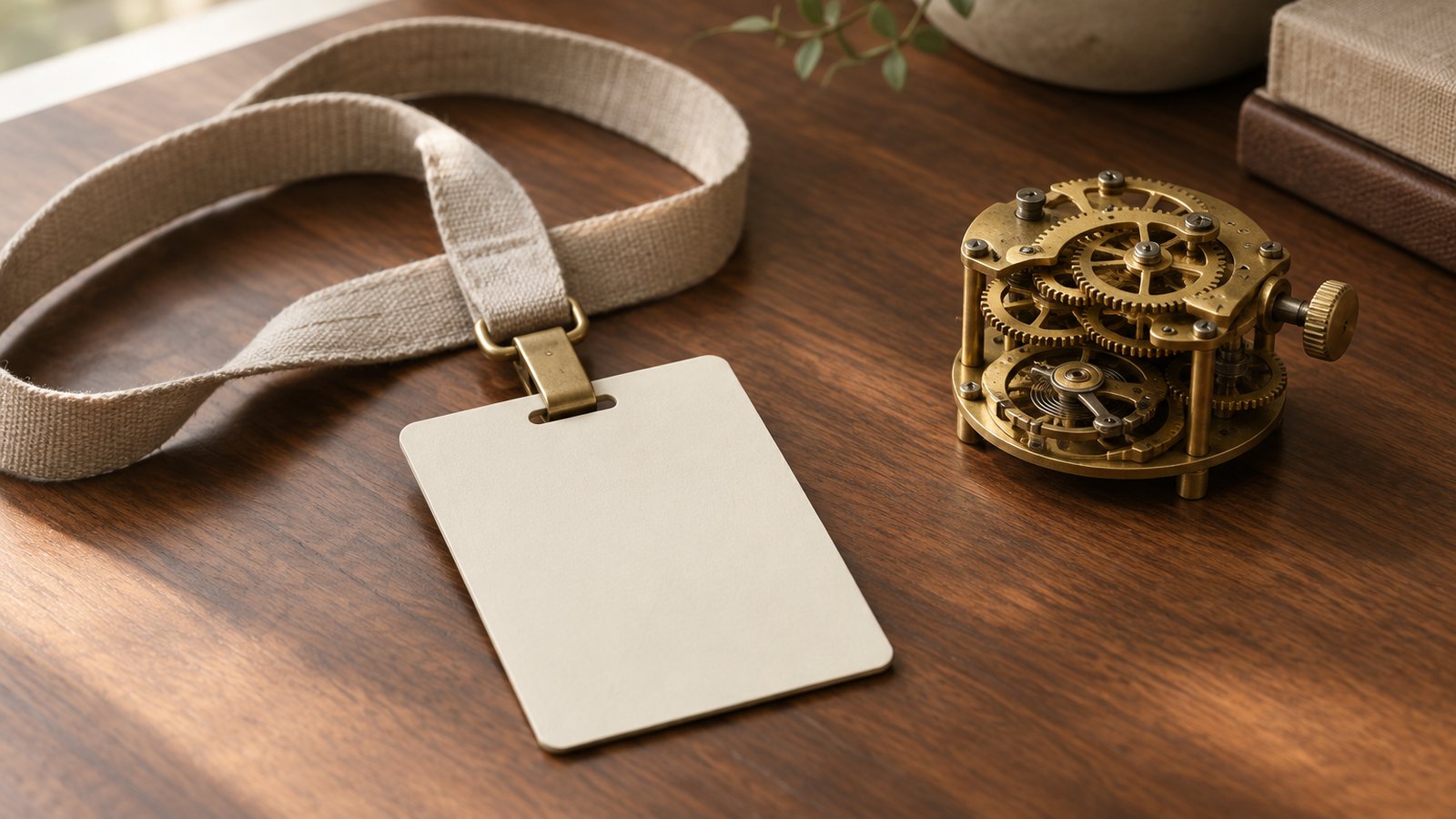 A blank cream ID badge on a linen lanyard lying on a walnut desk next to a small brass clockwork mechanism with exposed gears