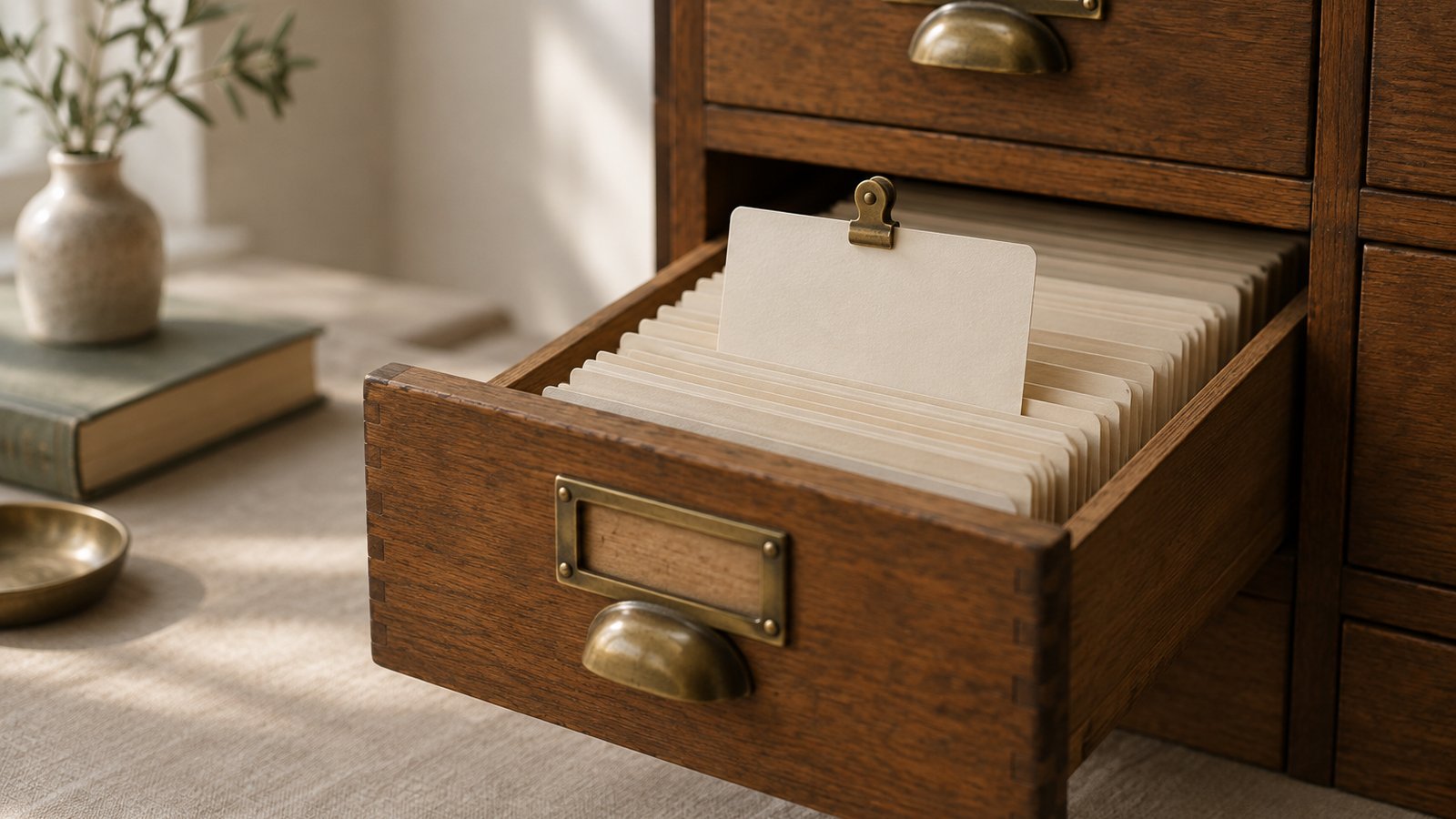 An open oak card-catalogue drawer full of blank index cards, one card raised above the rest with a brass clip, for generative engine optimization