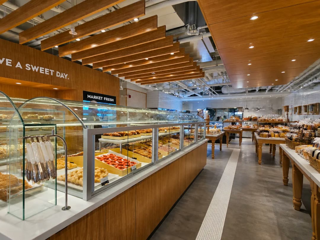 The pastry cases inside a Paris Baguette bakery cafe